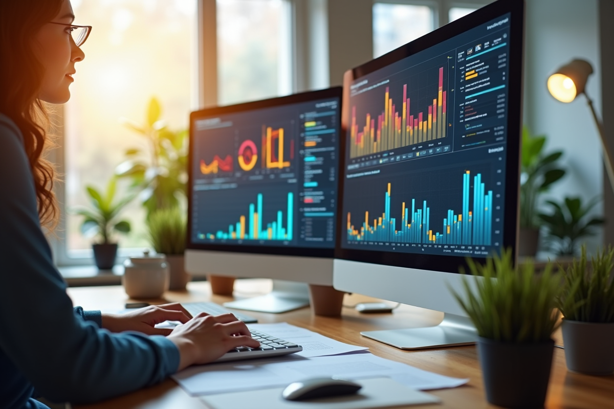 Professionnel du marketing analysant des données sur un ordinateur