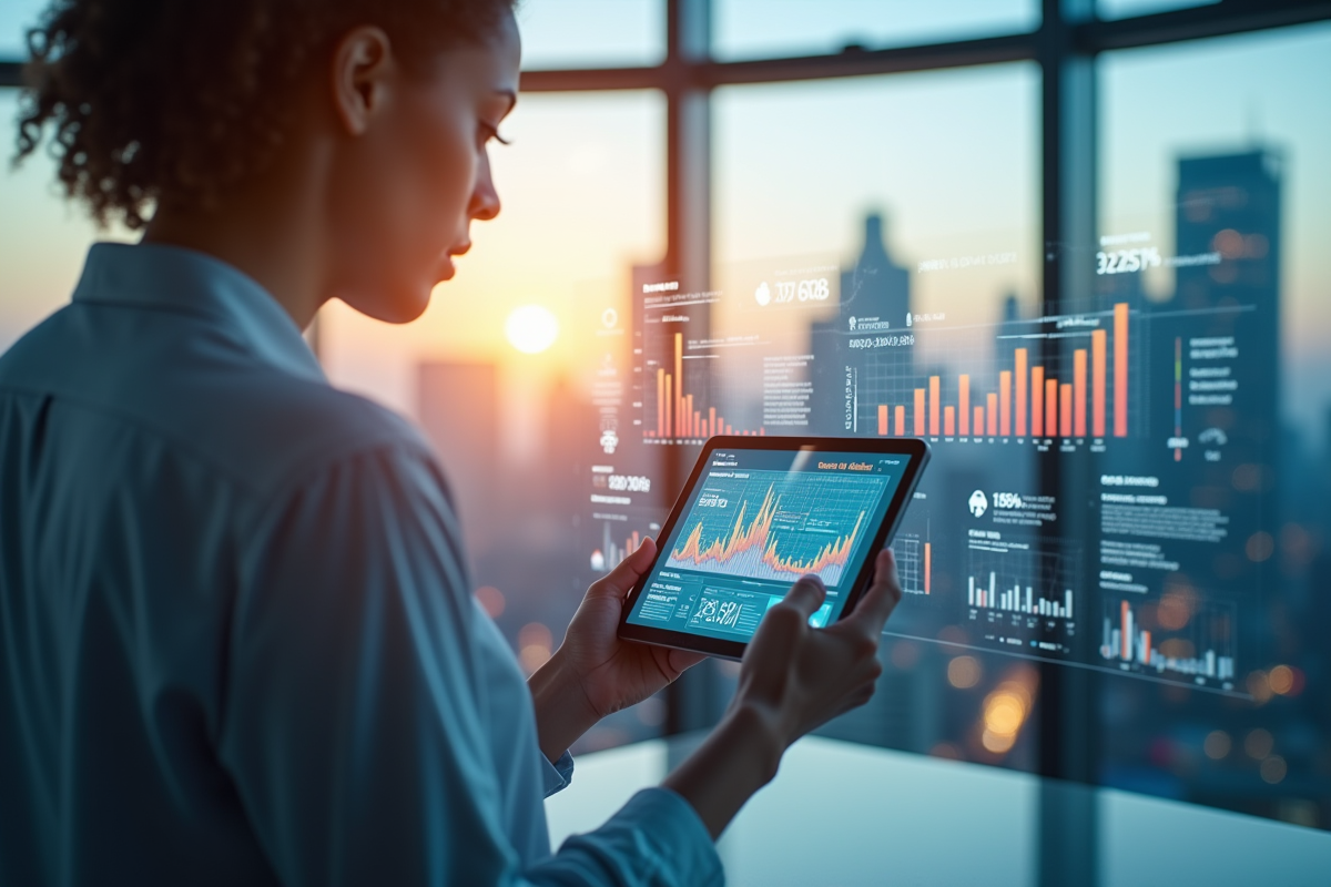 Professionnel analysant les tendances de vente sur un écran tactile en bureau futuriste