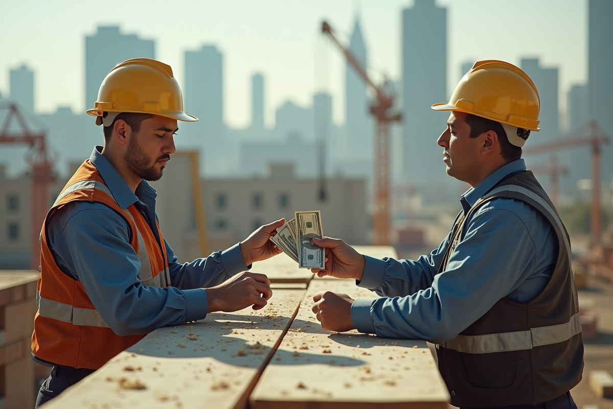 Travailleurs de chantier échangeant discrètement de l
