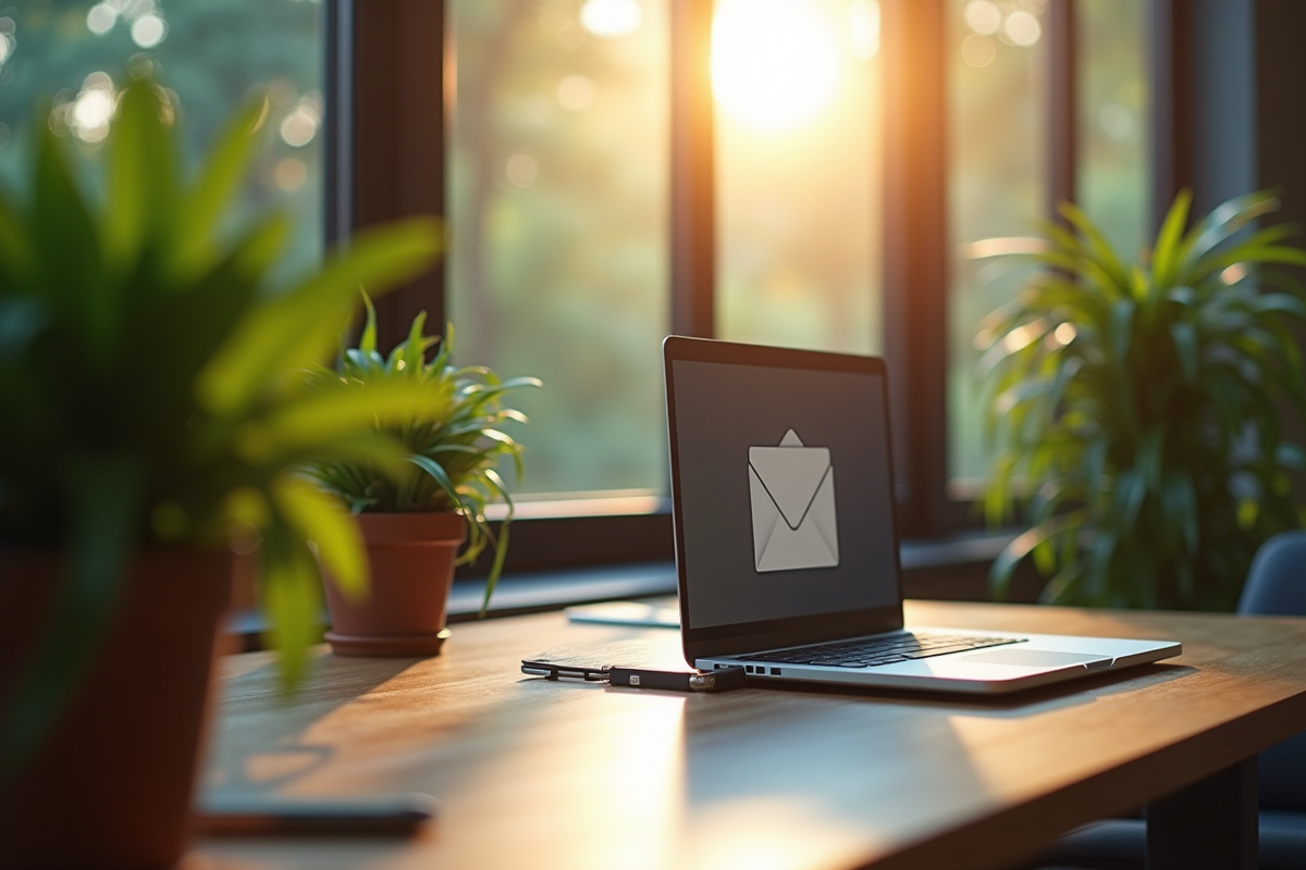 Bureau moderne avec ordinateur lumineux et plantes vertes