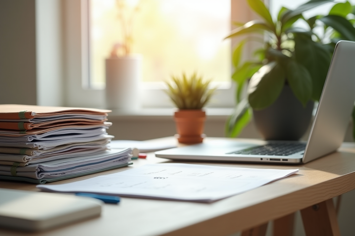Bureau moderne organisé avec ordinateur et plantes pour article