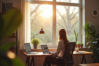 Espace de travail moderne avec personne au bureau lumineux