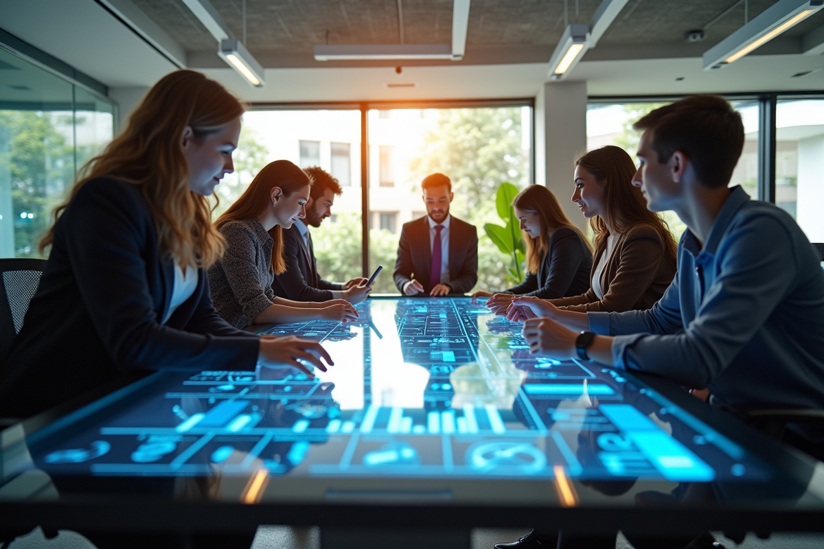 Espace de bureau moderne avec table tactile et équipe diverse