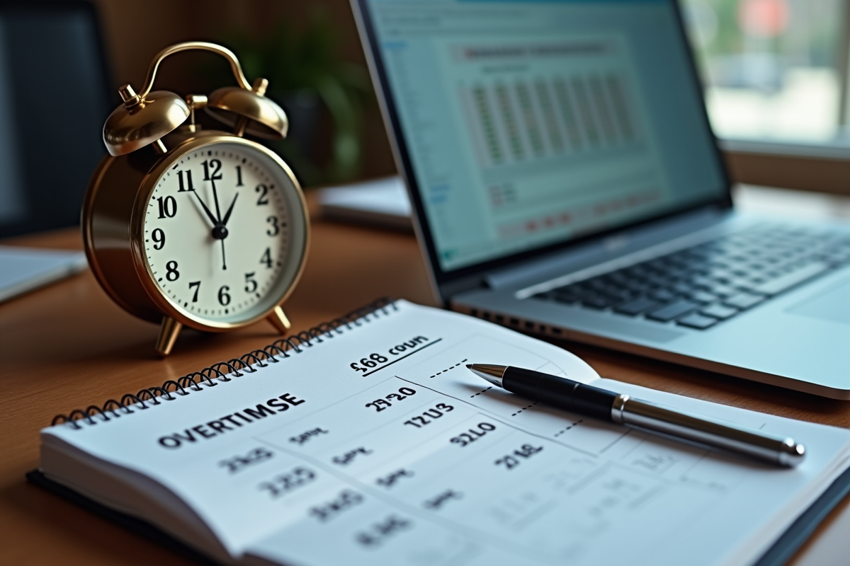 Bureau professionnel avec horloge et calculs sur carnet