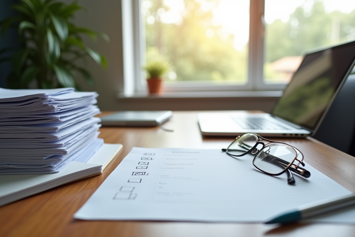 Bureau organisé avec documents et ordinateur lumineux