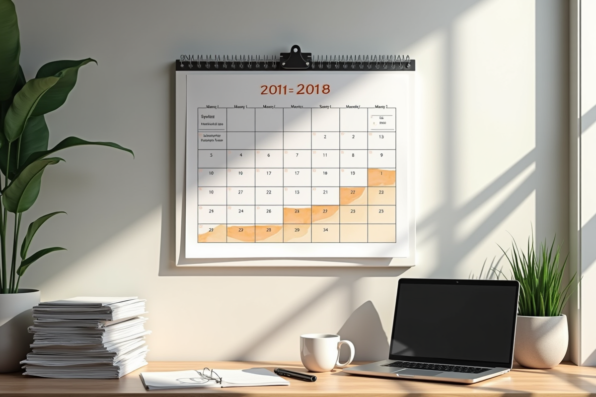 Calendrier mural avec fin de trimestre marquée et bureau organisé