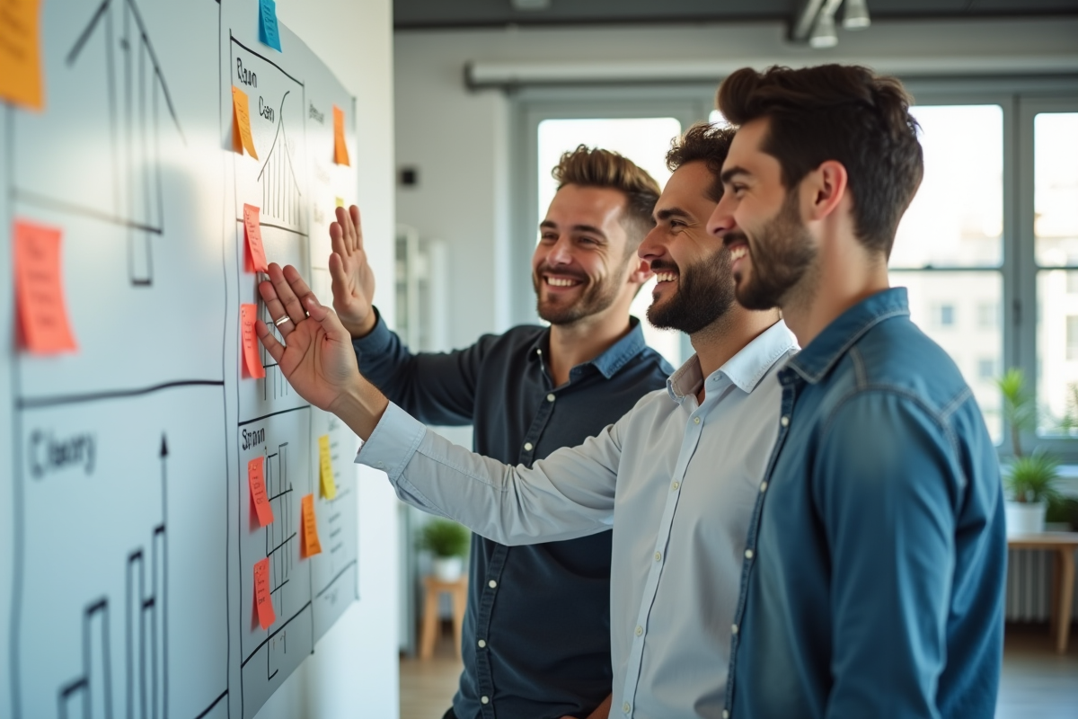 Jeune femme et deux hommes souriants en célébration