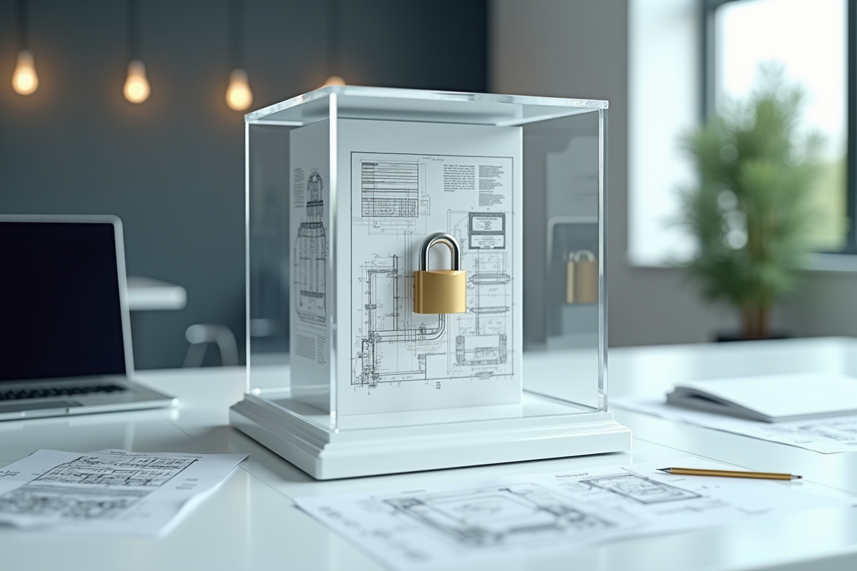 Coffre-fort en verre avec plans et cadenas doré sur un bureau lumineux