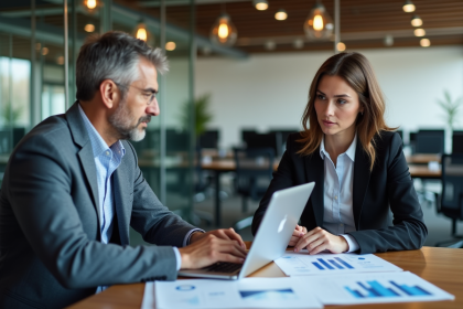Homme d'affaires et jeune femme analysant des données au bureau