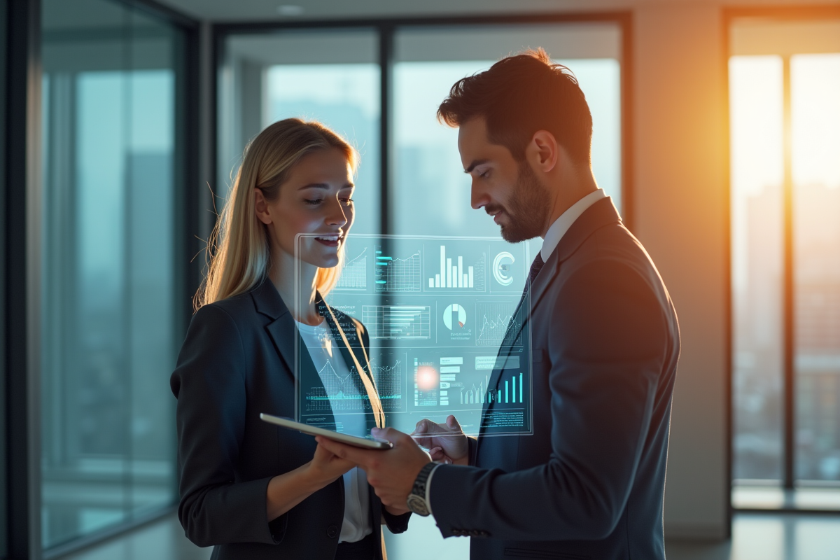 Femme et homme d'affaires discutant avec tablette numérique