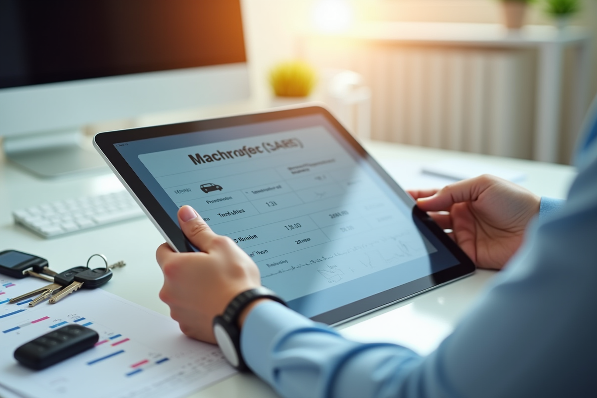 Mains professionnelles tenant une tablette avec comparatif de voitures