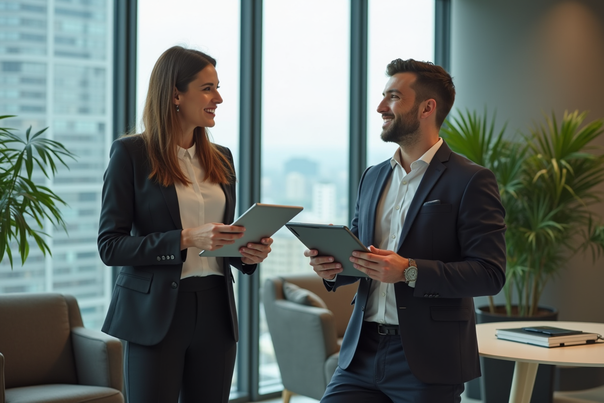 Secretaire masculine et feminine discutant dans un espace de travail moderne