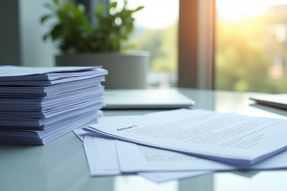 Pile de documents officiels avec Annexe 3 sur un bureau lumineux