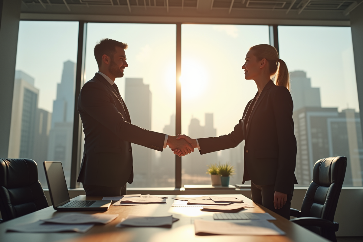 Deux professionnels en réunion dans un bureau lumineux