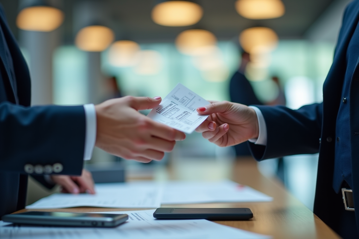 Main échangeant un bon de transport avec un agent au guichet