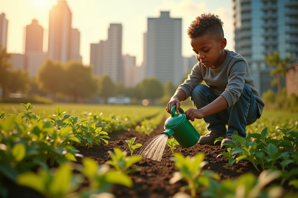 Enfant arrosant des jeunes plantes dans un jardin urbain avec la ville en arrière-plan