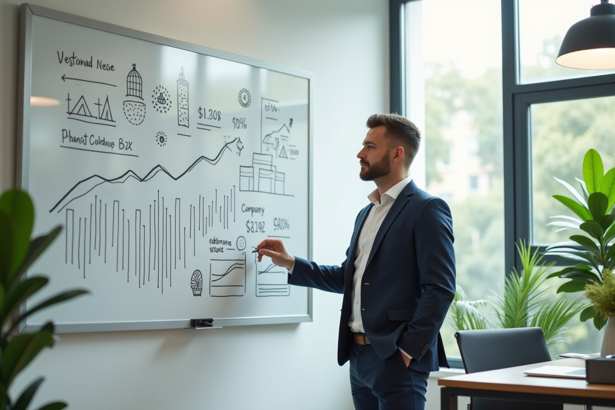 Entrepreneur confiant dans un bureau avec graphiques et tableaux