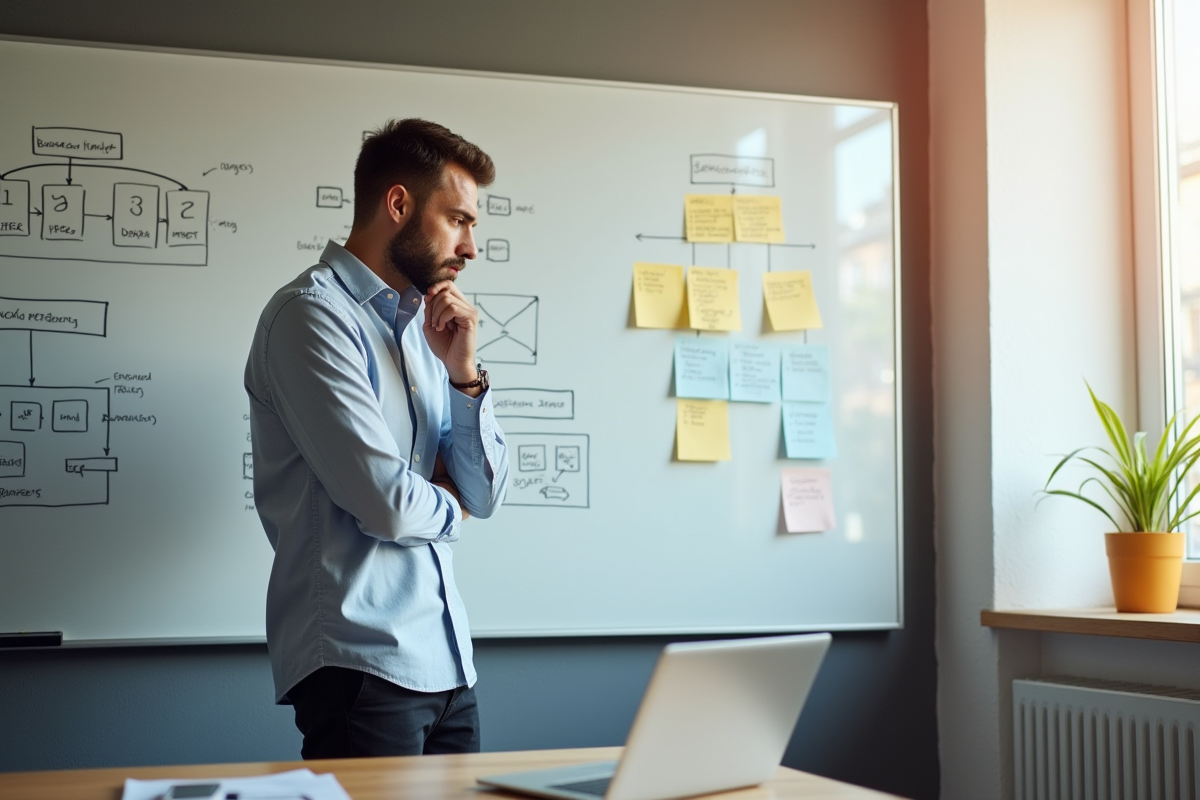 Entrepreneur devant tableau blanc avec diagrammes