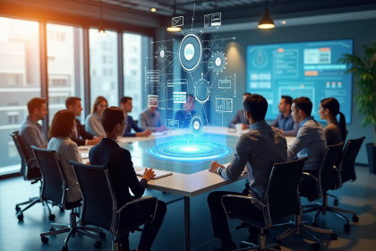 Equipe diverse en réunion stratégie marketing digitale