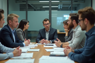 Groupe de collègues stressés lors d'une réunion tendue