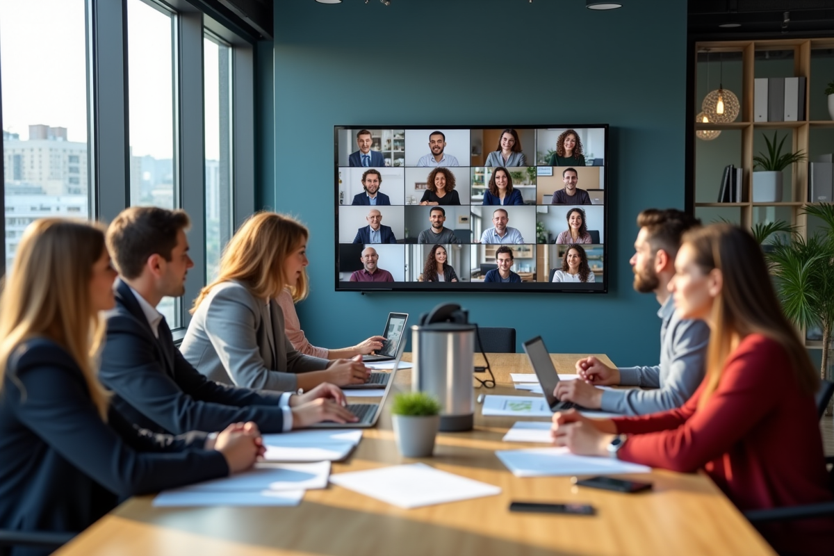 Groupe de professionnels en réunion vidéo dans un bureau moderne