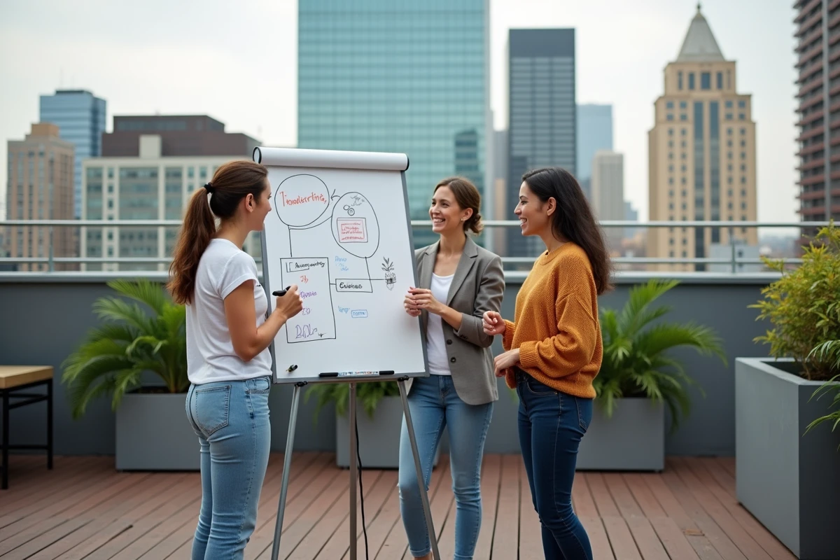 Groupe de trois personnes discutant stratégie sur un rooftop urbain