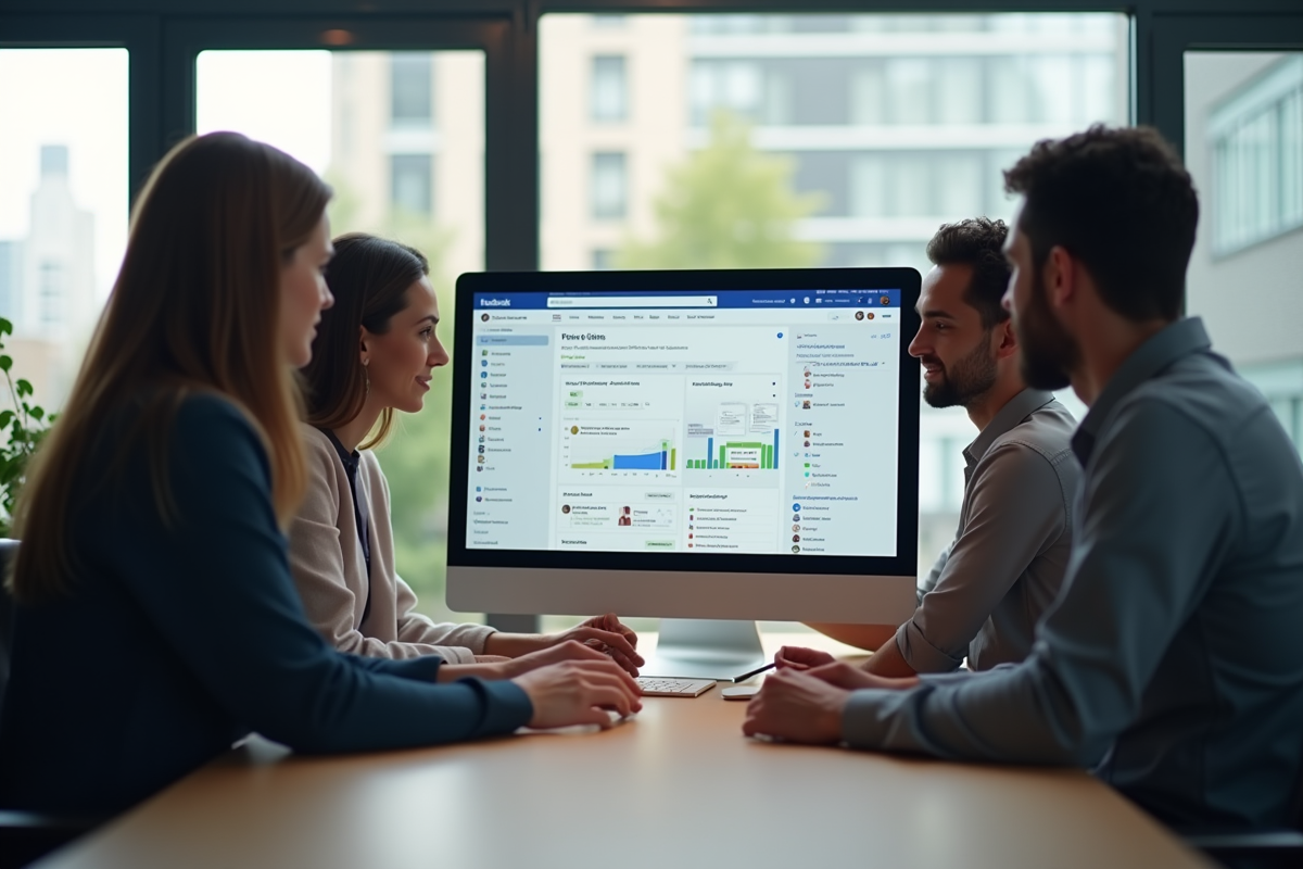 Groupe de professionnels discutant autour d'un écran Facebook Ads