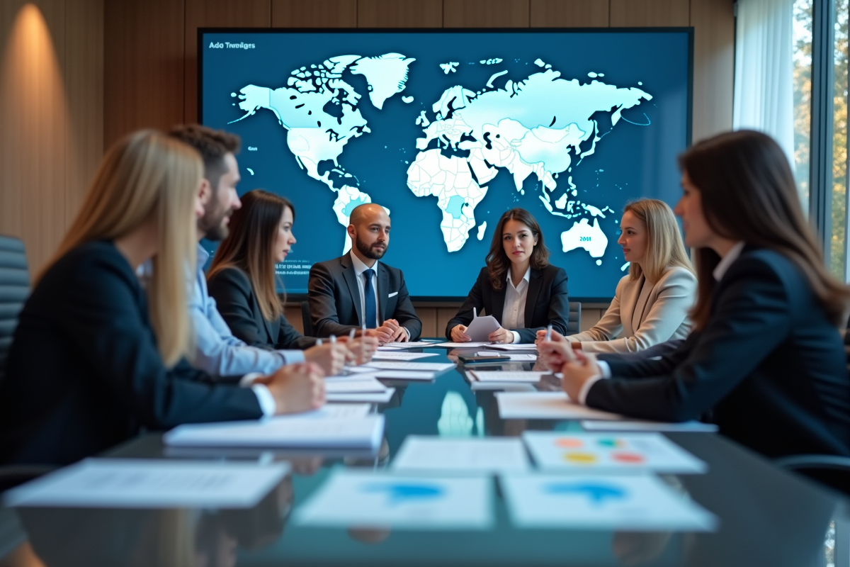 Groupe de professionnels internationaux en réunion avec carte mondiale