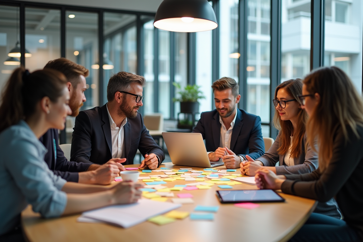 Groupe de professionnels du marketing en réunion dans un bureau lumineux
