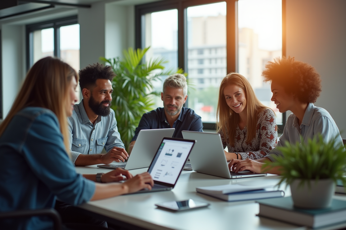 Equipe marketing diverse en réunion dans un bureau lumineux