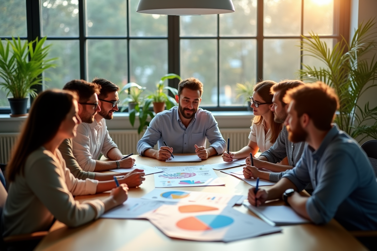 Groupe de marketing analysant des graphiques dans un bureau lumineux