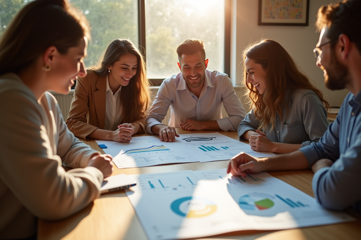 Equipe diverse discutant graphiques KPI lors d une réunion collaborative