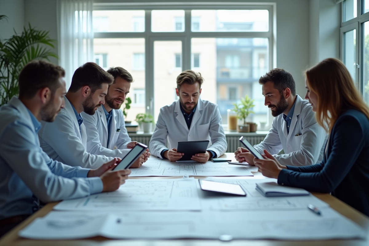 Equipe de scientifiques et ingenieurs collaborant en hightech