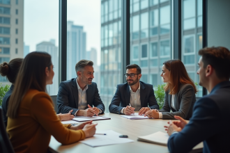 Groupe de collègues en réunion dans une salle moderne