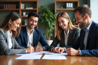 Groupe de professionnels discutant contrats en réunion