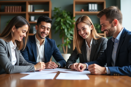 Groupe de professionnels discutant contrats en réunion