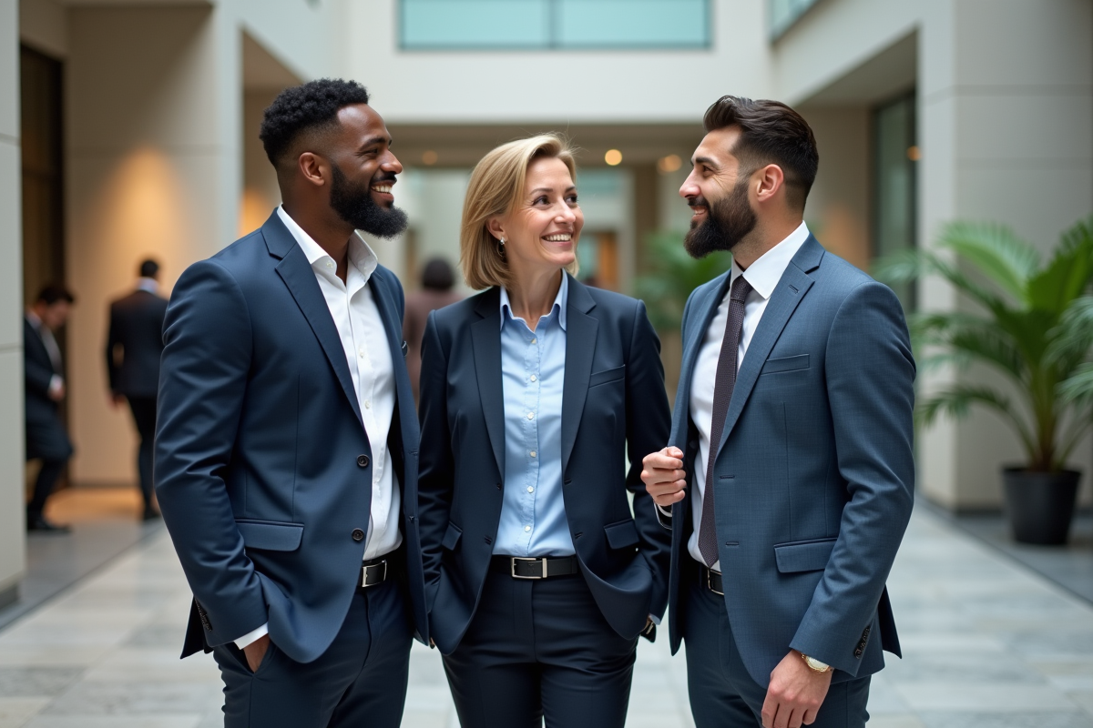 Trois professionnels discutant dans un atrium lumineux