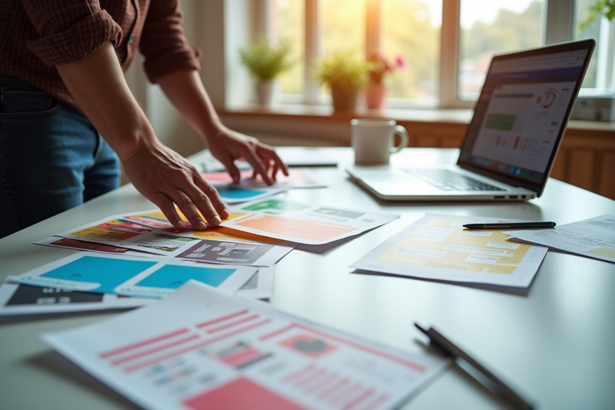 Espace de travail d'un designer avec flyers colorés et ordinateur