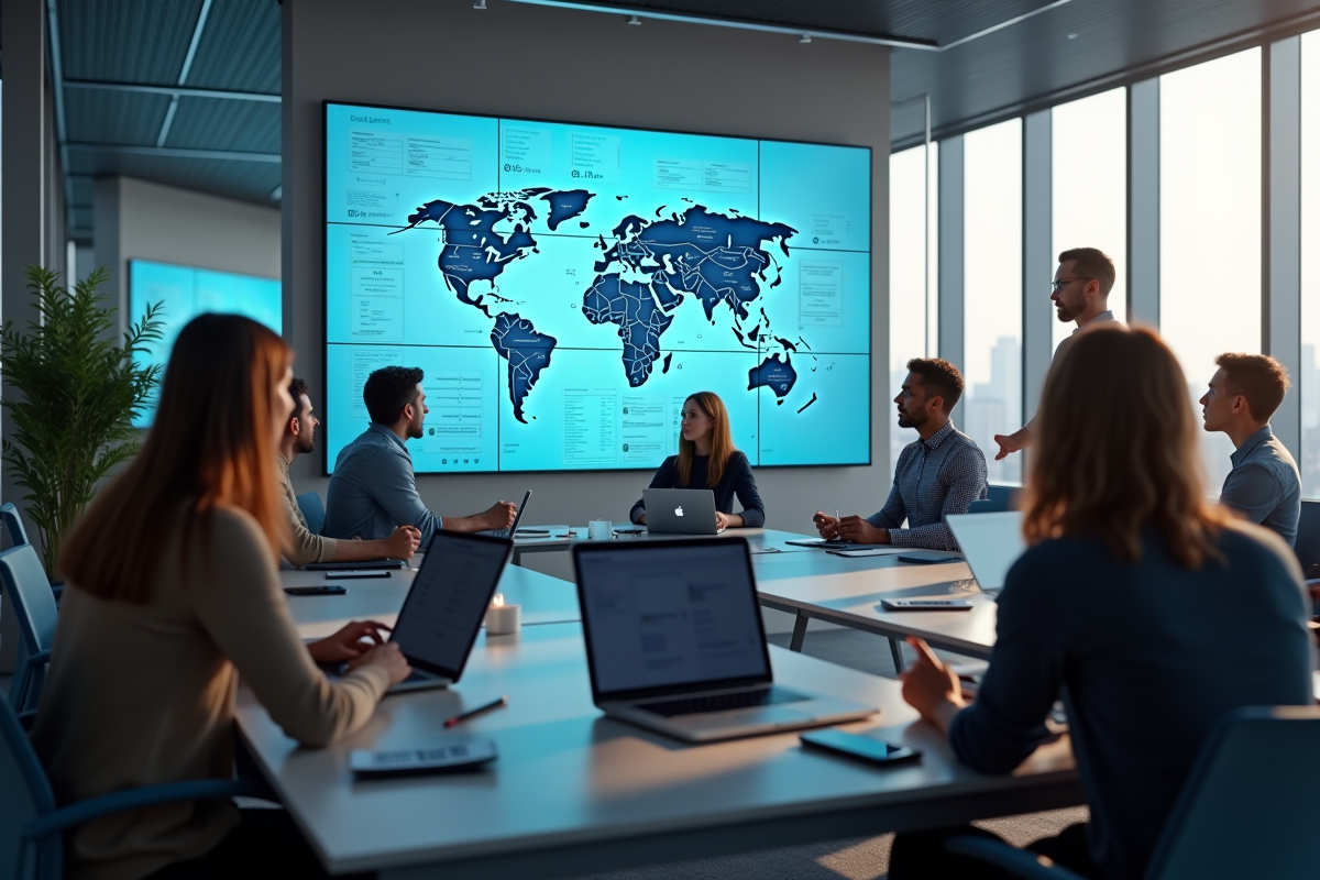Espace de travail moderne avec équipe et écran digital