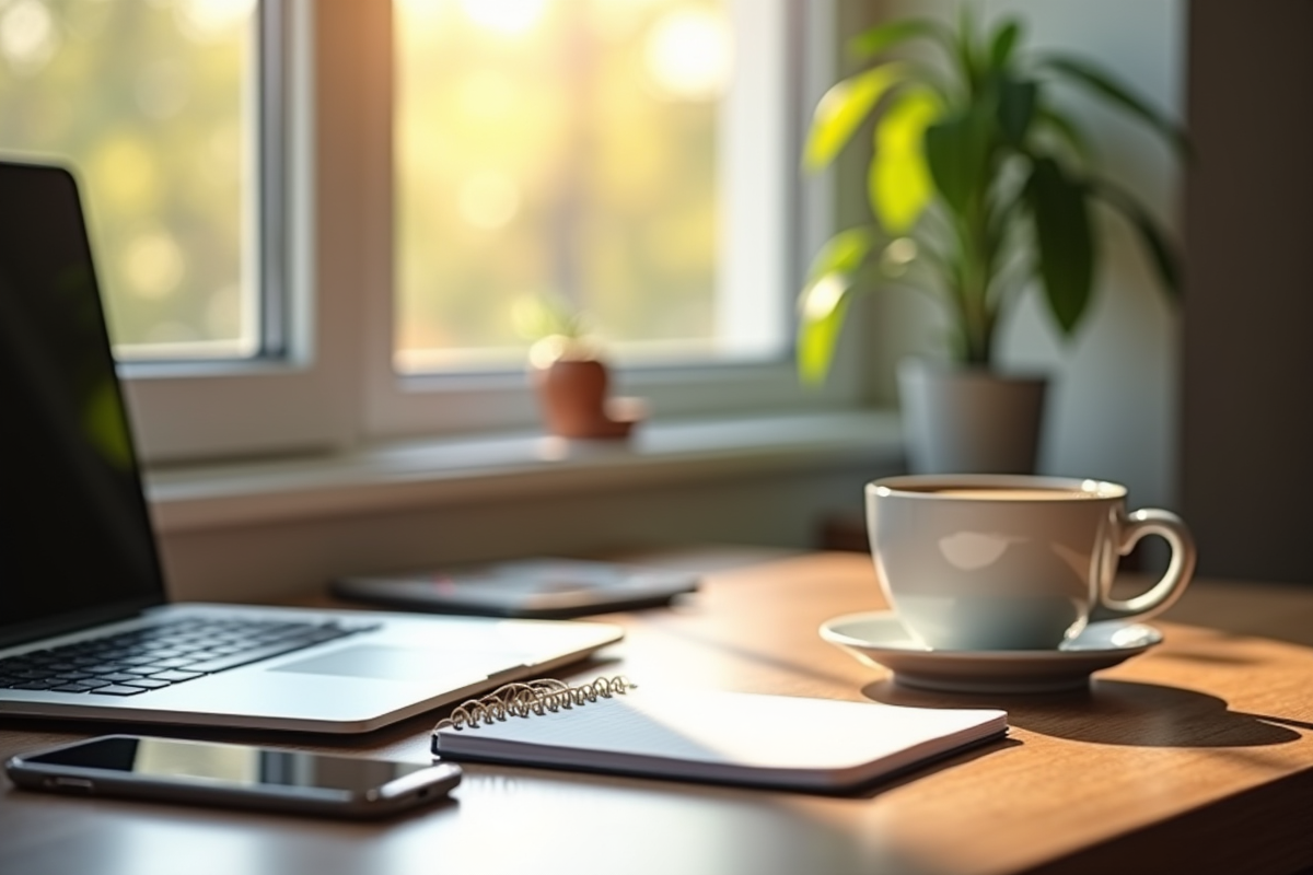 Espace de travail moderne avec ordinateur et plante verte