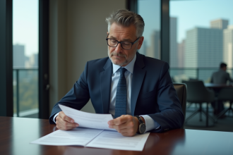 Homme d'affaires en costume bleu dans une salle de réunion élégante