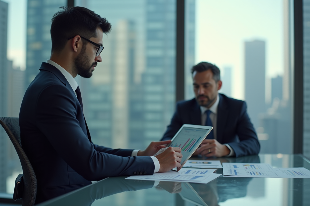 Dirigeant analysant des graphiques financiers sur une tablette