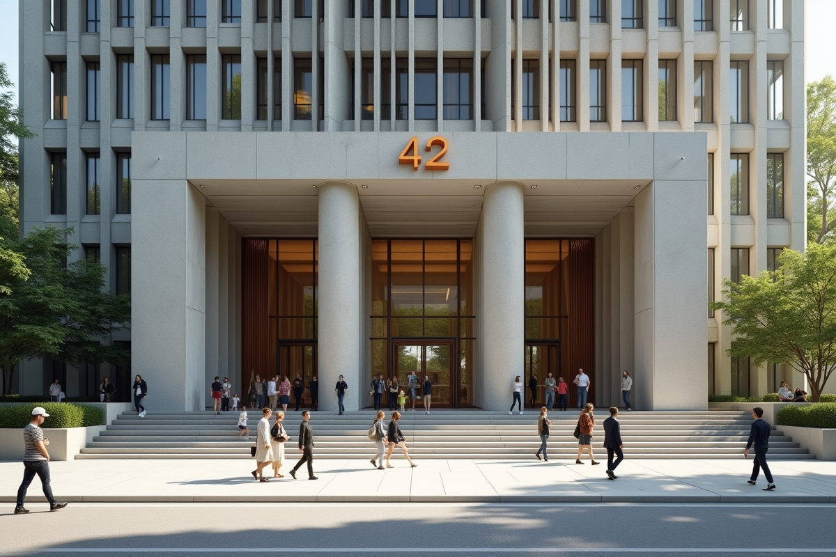 Façade moderne de tribunal avec le numéro 42 visible