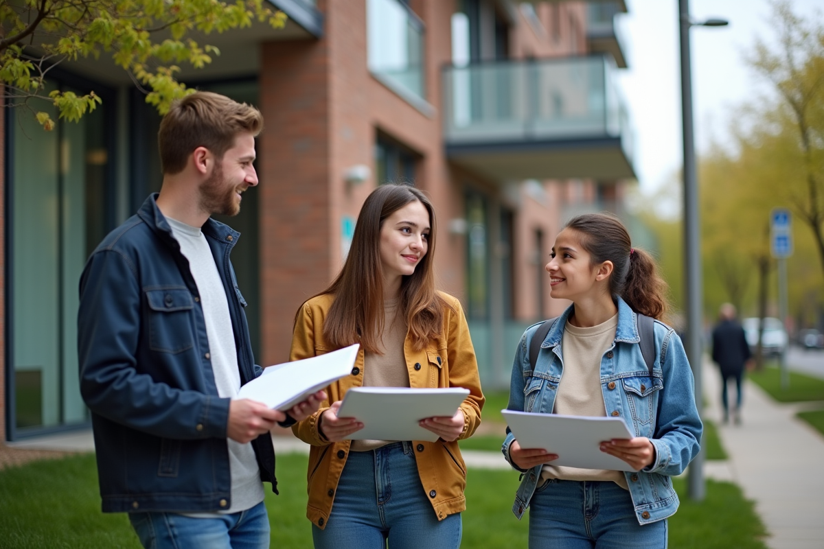 Famille québecoise discutant devant immeuble résidentiel
