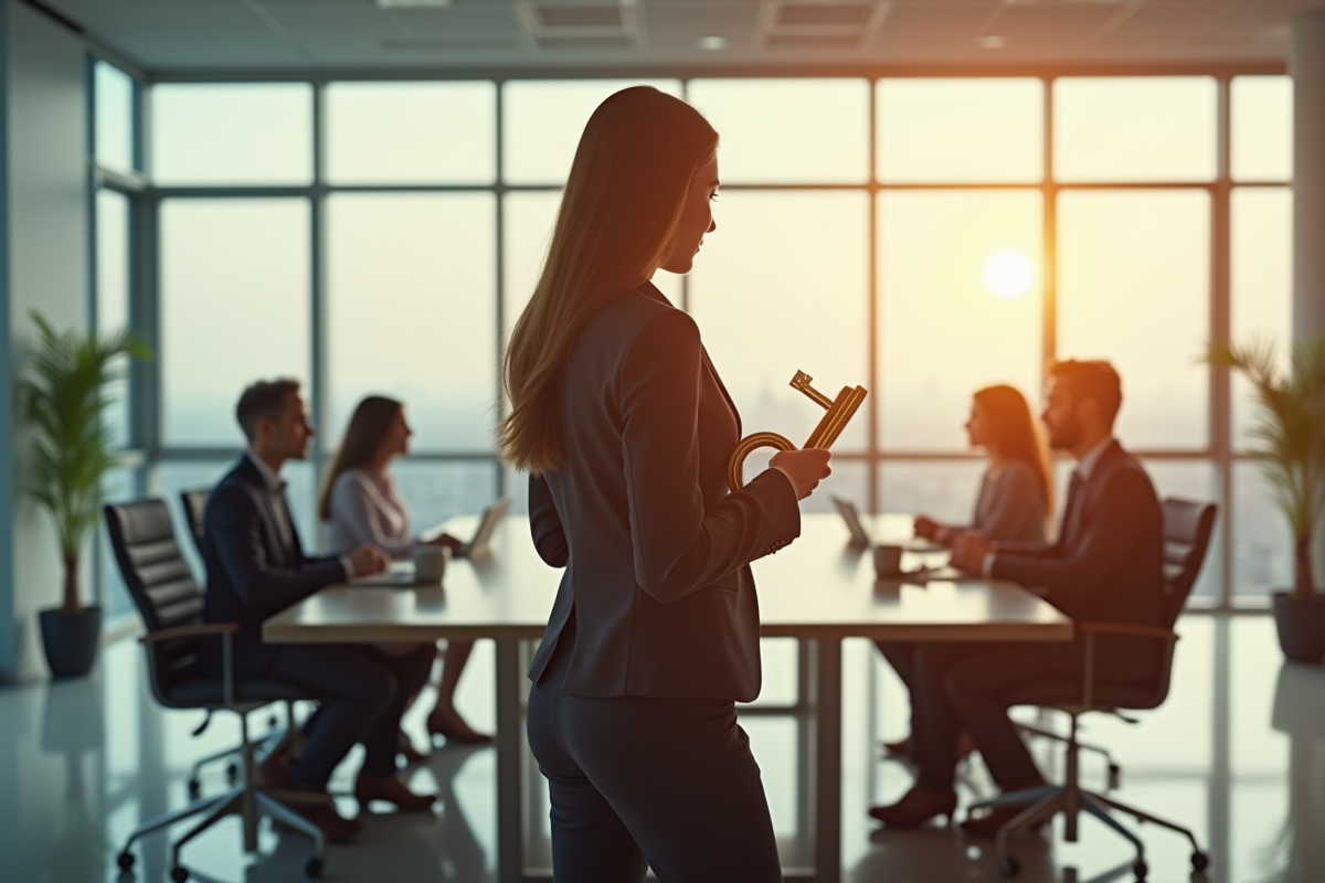 Femme d'affaires tenant une grande clé en or dans un bureau lumineux