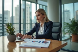 Femme d'affaires analysant des graphiques sur son ordinateur