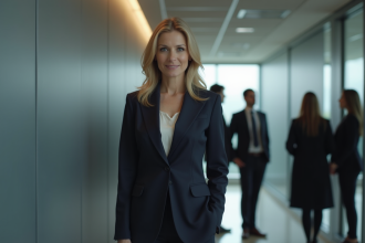 Femme d'affaires anxieuse dans un couloir moderne