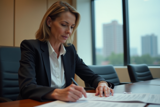 Femme d affaires en réunion examinant des documents juridiques