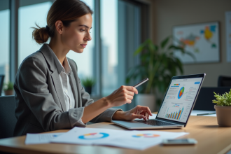 Femme professionnelle analysant graphiques marketing dans un bureau
