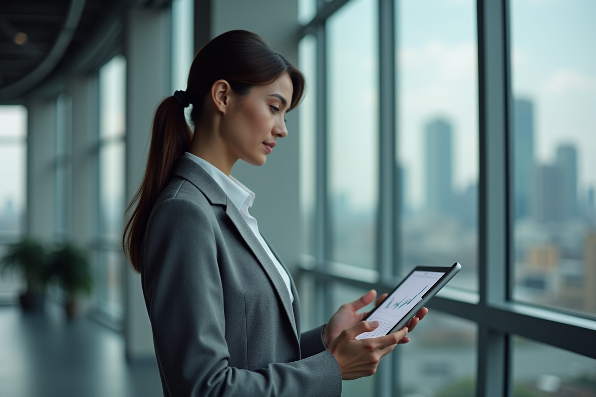 Jeune femme professionnelle avec tablette dans un bureau moderne